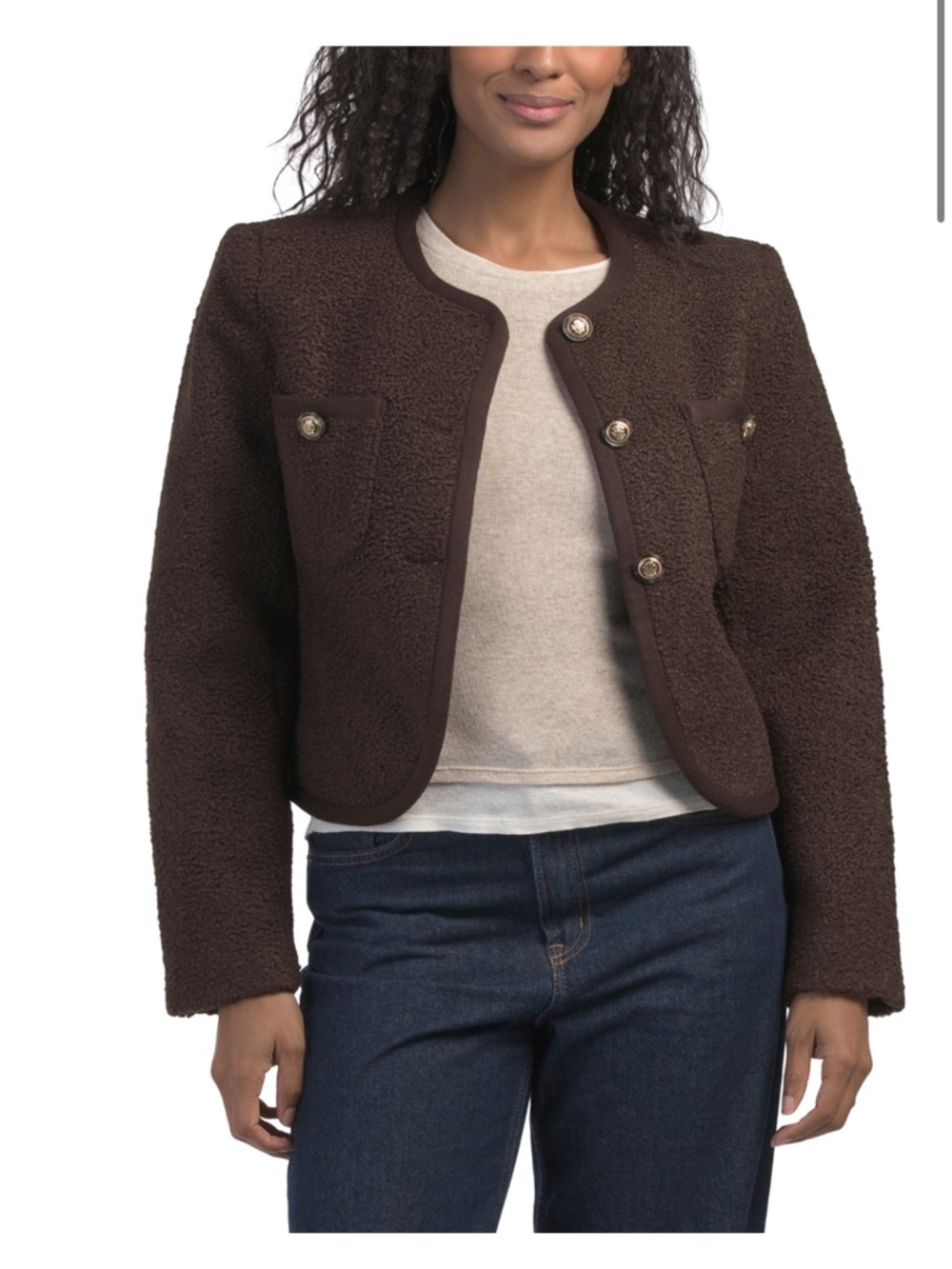 Elie Tahari Long Sleeve Crew Neck Buttons Curved Hem Faux Shearling Jacket Large